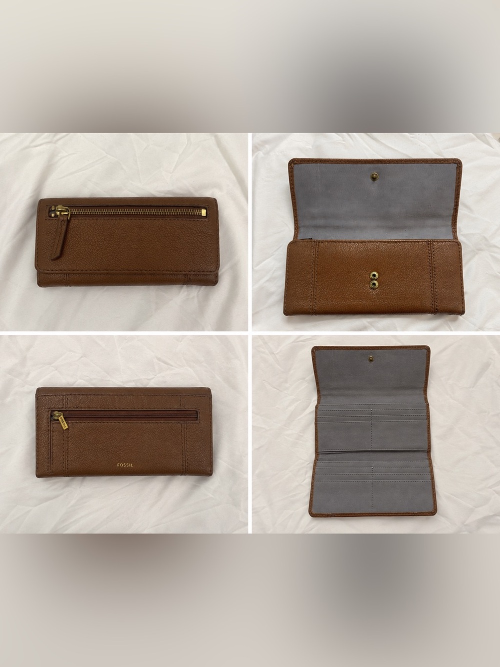 Fossil Tan Pebbled Leather Card Holder Wallet with Gold Hardware
